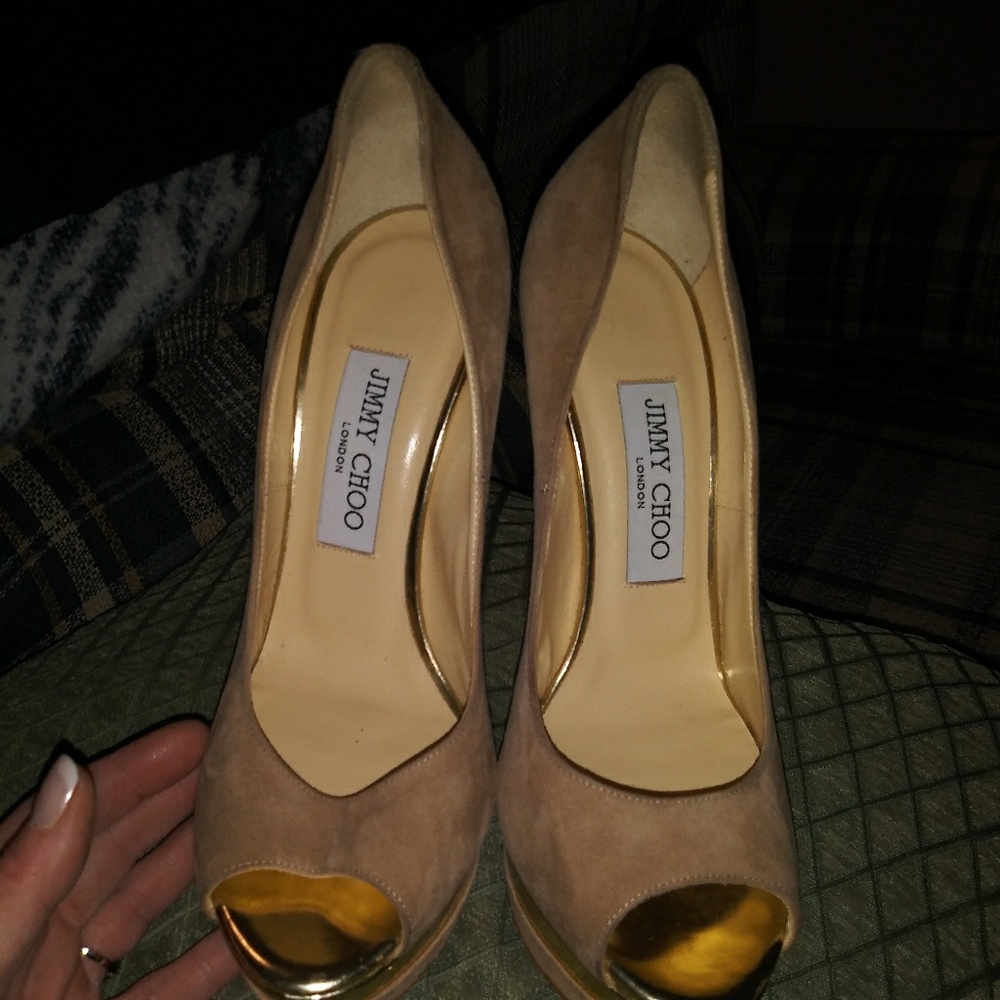 Jimmy Choo Women's Metallic Taupe Suede and Gold L